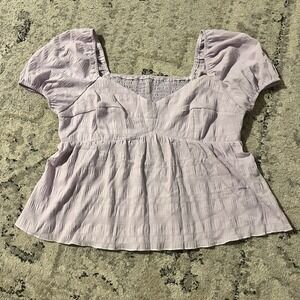 Lilac Peplum Crop Top L 8/10 Women Puff Sleeve V Neck Stretch Blouse Fairy Boho